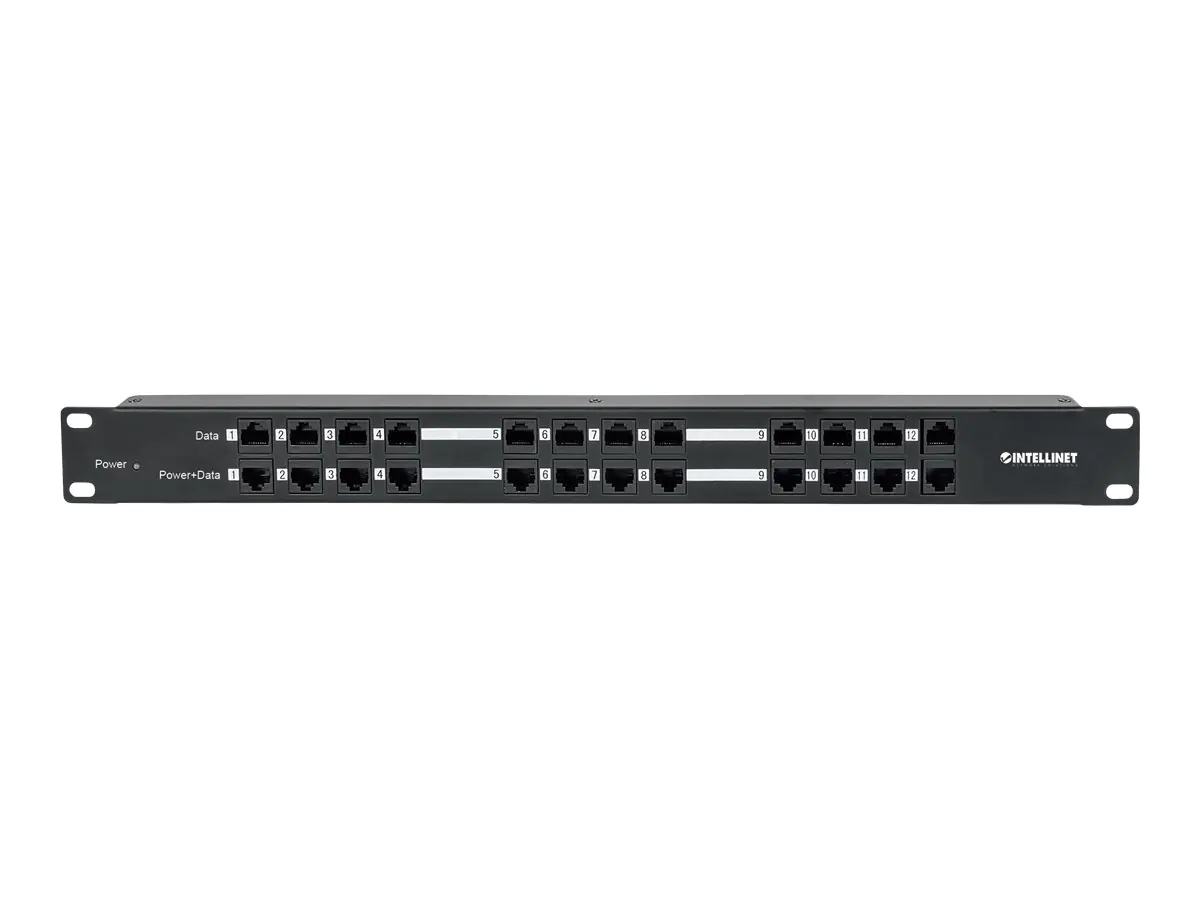 Intellinet 12-Port Passives PoE-Patchpanel / Midspanlösung, Patchpanel mit 12 RJ45-Ports für Dateneingang und 12 RJ45-Ports für Datenausgang und Stromausgang - Power Injector (Rack - einbaufähig) - 120 Watt - Ausgangsanschlüsse: 12 - 1U - 48.3 cm (19") -