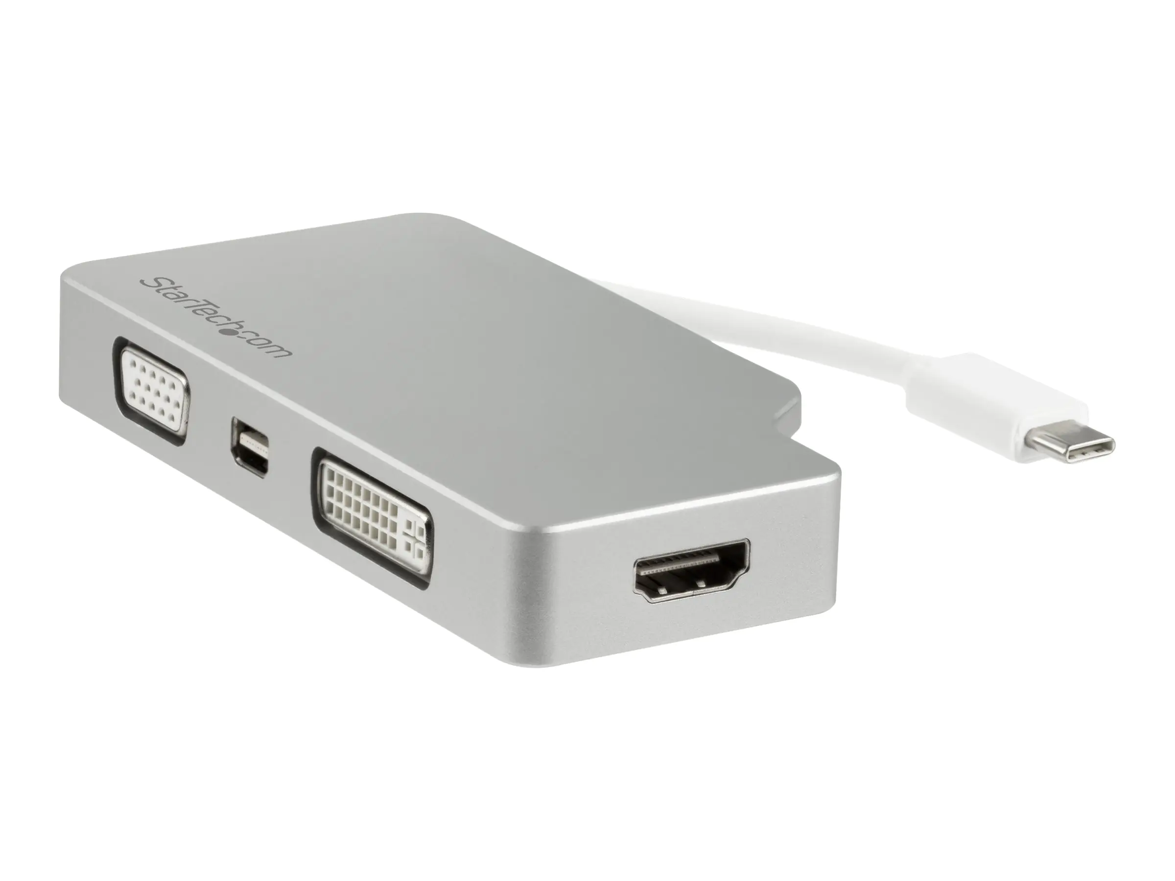 StarTech Aluminium Reise A/V Adapter 4-in-1 USB-C auf VGA, DVI, HDMI oder mDP - USB Type-C Adapter - 4K - Videoschnittstellen-Converter - USB-C (M) bis HD-15 (VGA), DVI-D, HDMI, Mini DisplayPort (W) - 10.5 cm - Silber - 4K Unterstützung, aktiv