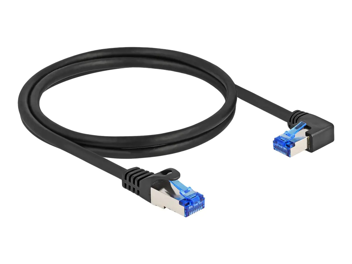 Delock - Netzwerkkabel - RJ-45 (M) gerade zu RJ-45 (M) nach rechts abgewinkelt - 1 m - 6 mm - S/FTP - CAT 6a - halogenfrei, ohne Haken - Schwarz