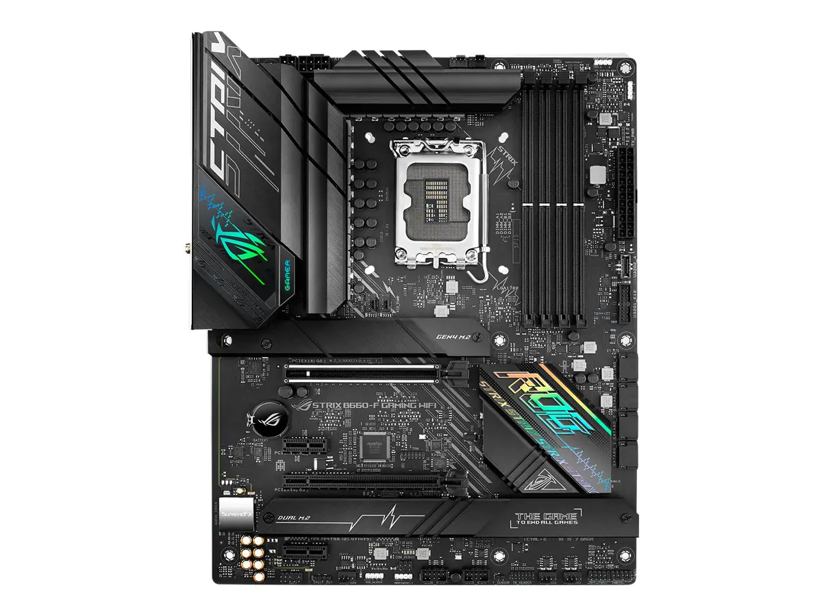 ASUS ROG STRIX B660-F GAMING WIFI - Motherboard - ATX - LGA1700-Sockel - B660 Chipsatz - USB 3.2 Gen 1, USB 3.2 Gen 2, USB-C 3.2 Gen 2x2, USB-C 3.2 Gen 1 - 2.5 Gigabit LAN, Wi-Fi 6, Bluetooth - Onboard-Grafik (CPU erforderlich) - HD Audio (8-Kanal)