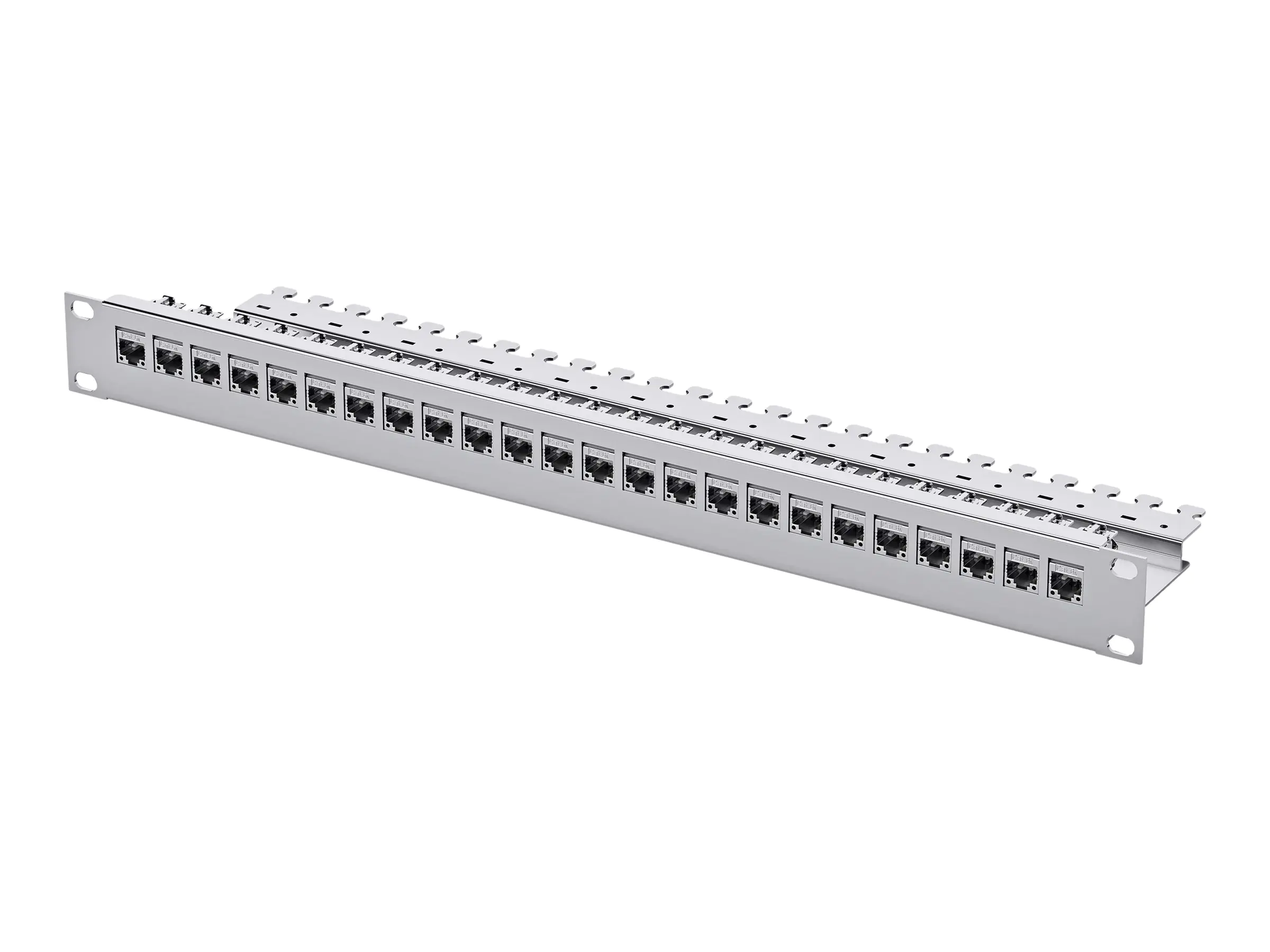 Telegärtner - Patch Panel - Vorderseite - Rack montierbar - CAT 6a - RJ-45 X 24 - Hellgrau, RAL 7035 - 1U - 48.3 cm (19")