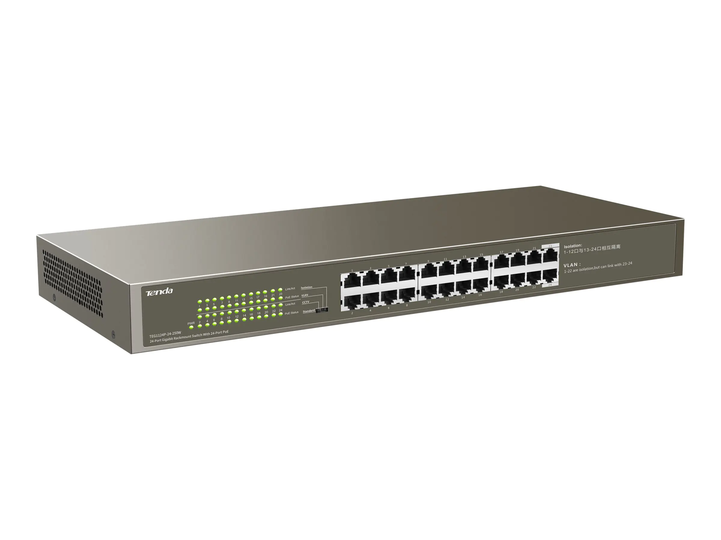 Tenda TEG1124P-24-250W - Switch - unmanaged - 24 x 10/100/1000 (PoE) - an Rack montierbar - PoE (225 W)