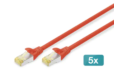 Digitus - Patch-Kabel - RJ-45 (M) zu RJ-45 (M) - 10 m - S/FTP - CAT 6a - halogenfrei, geformt, ohne Haken - Rot (Packung mit 5)