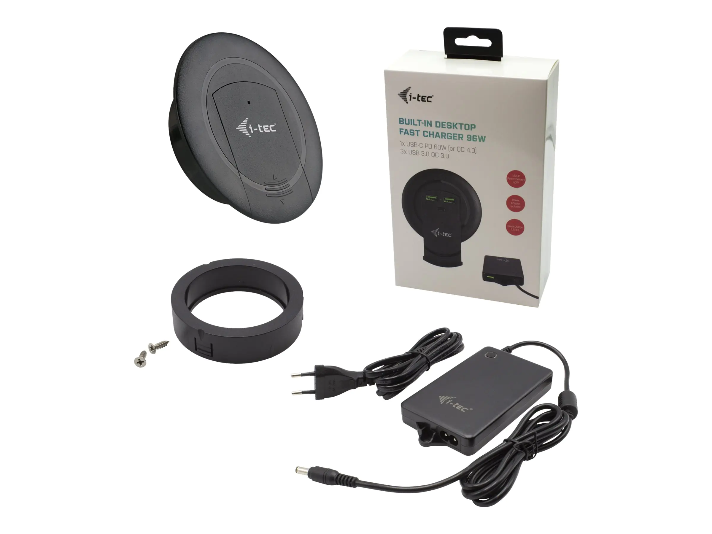 i-Tec Built-in Desktop Fast Charger - Netzteil - 96 Watt - 3 A - QC 3.0 - 4 Ausgabeanschlussstellen (3 x USB Typ A, 24 pin USB-C) - Schwarz