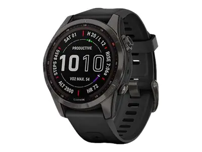 Garmin fenix 7S Sapphire Solar - 42 mm - Titanium Carbon Gray DLC - Sportuhr mit Band - Silikon - schwarz - Handgelenkgröße: 108-182 mm - Anzeige 3.04 cm (1.2") - 32 GB - Bluetooth, Wi-Fi, ANT+ - 58 g