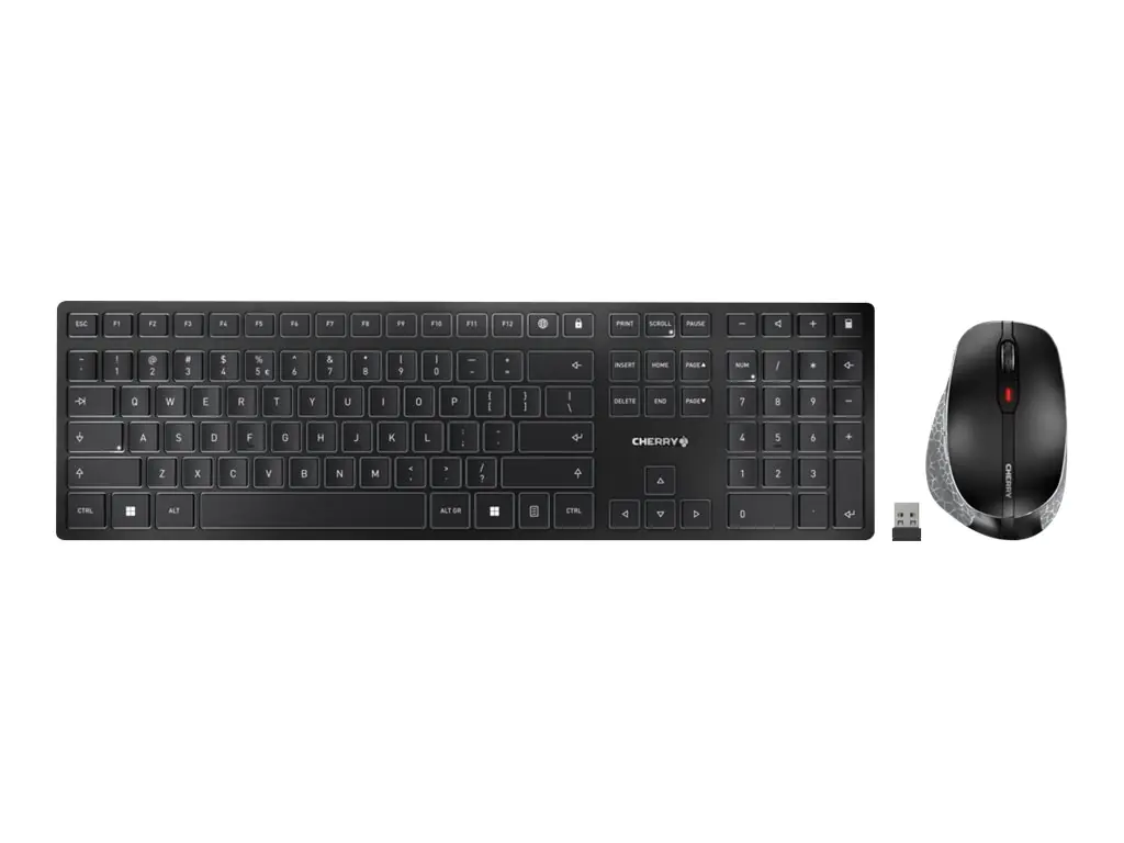CHERRY DW 9500 SLIM - Tastatur-und-Maus-Set - kabellos - 2.4 GHz, Bluetooth 4.0 - AZERTY - Belgien - Tastenschalter: CHERRY SX - Grau, Schwarz - plastikfreie Verpackung