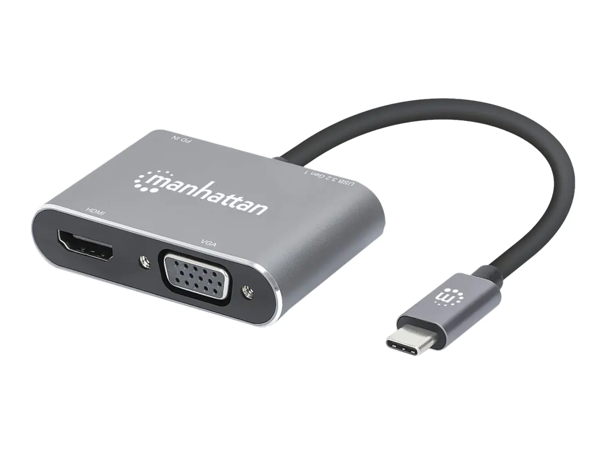 Manhattan USB-C Dock/Hub, Ports (x4): HDMI, USB-A, USB-C and VGA, With Power Delivery (87W) to USB-C Port (Note add USB-C wall charger and USB-C cable needed), All Ports can be used at the same time, Aluminium, Space Grey, Three Year Warranty, Retail Box