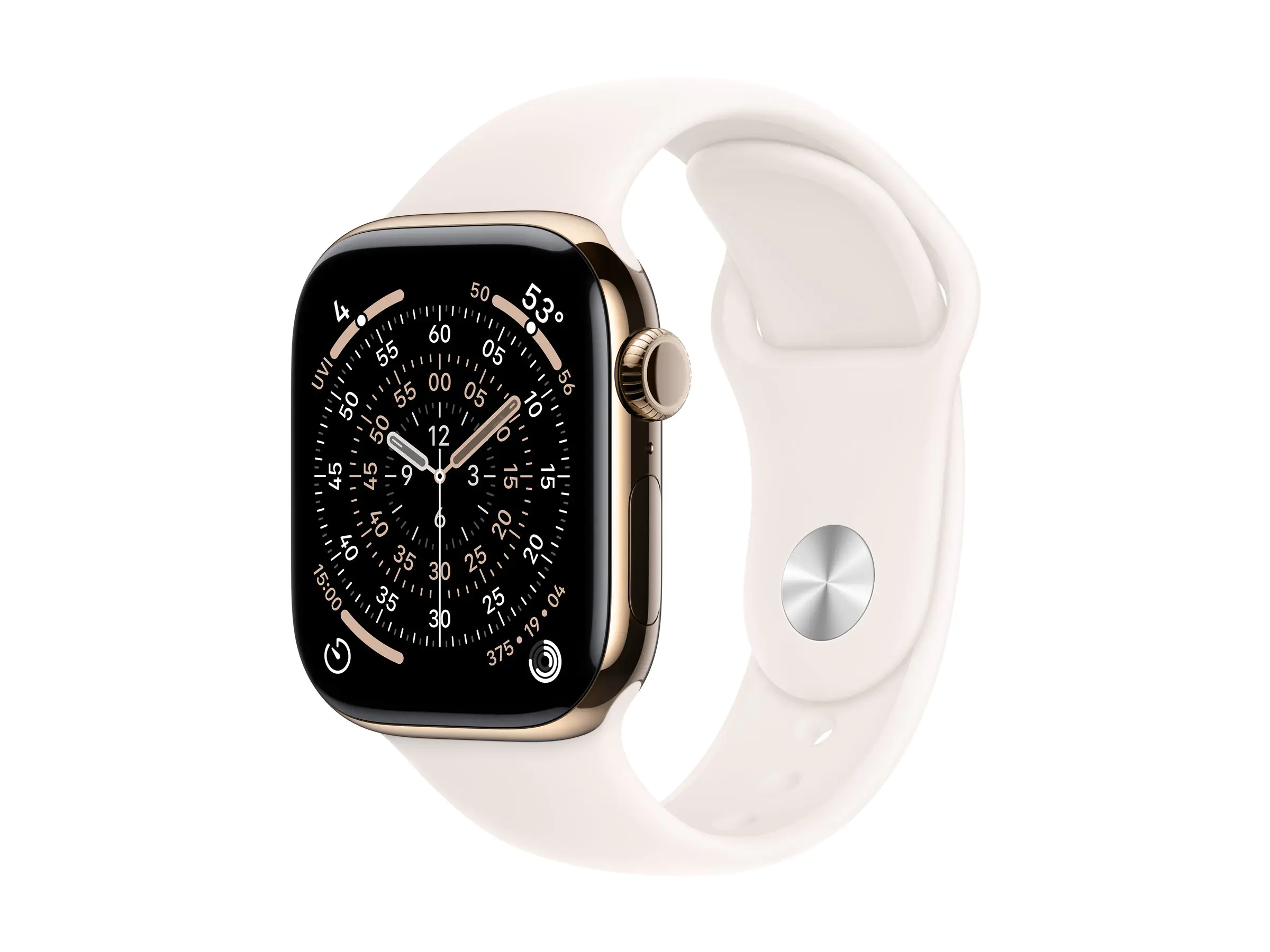 Apple Watch Series 11 (GPS + Cellular) - 42 mm - Gold Titan - intelligente Uhr mit Sportband - Flouroelastomer - hellrosa - Bandgröße: M/L - 64 GB - LTE, Wi-Fi 4, UWB, Bluetooth - 5G - 34.6 g