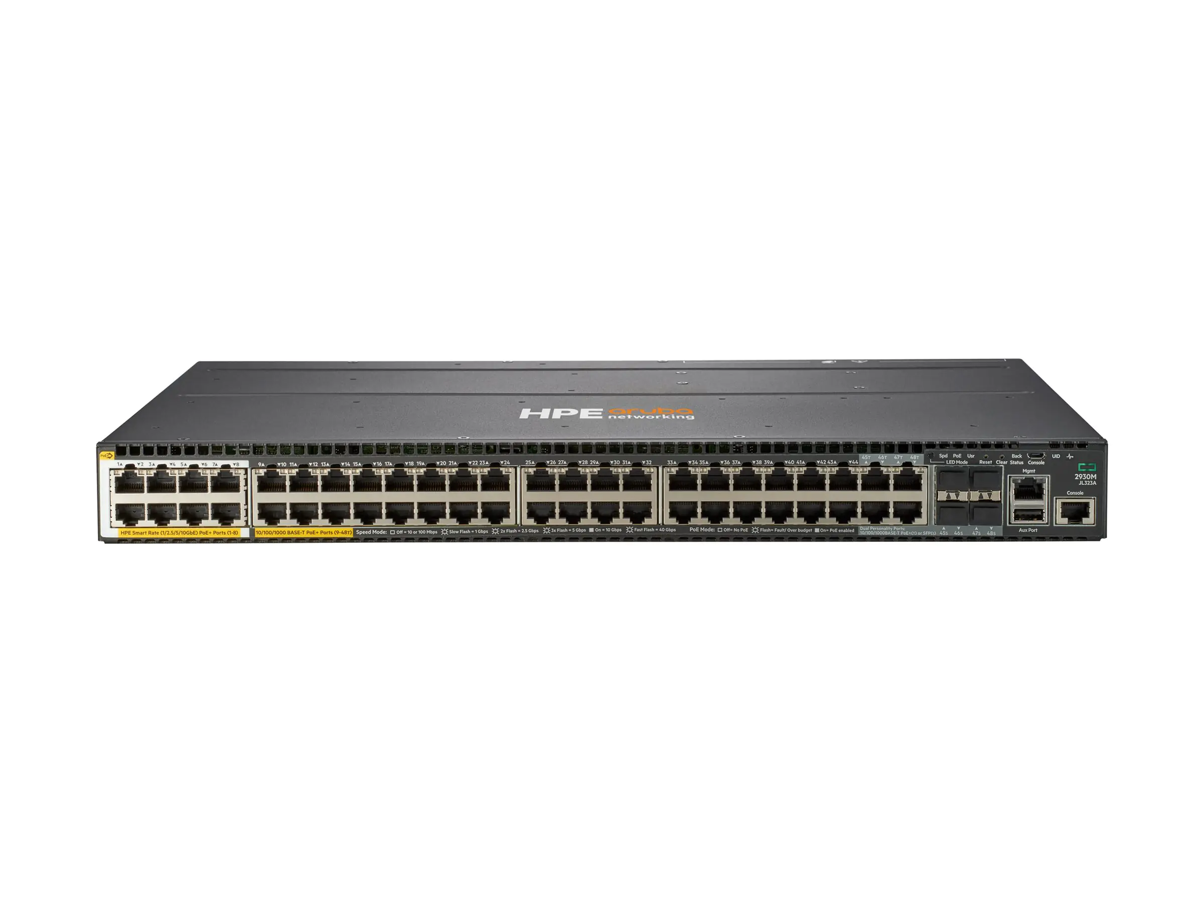 HPE Aruba 2930M 40G 8 HPE Smart Rate PoE+ 1-slot Switch - Switch - L3 - managed - 36 x 10/100/1000 (PoE+) + 4 x combo 10/100/1000Base-T (PoE+) / 100/1000Base-X SFP + 8 x 1/2.5/5/10GBase-T (PoE+) - an Rack montierbar - PoE+ (1440 W)