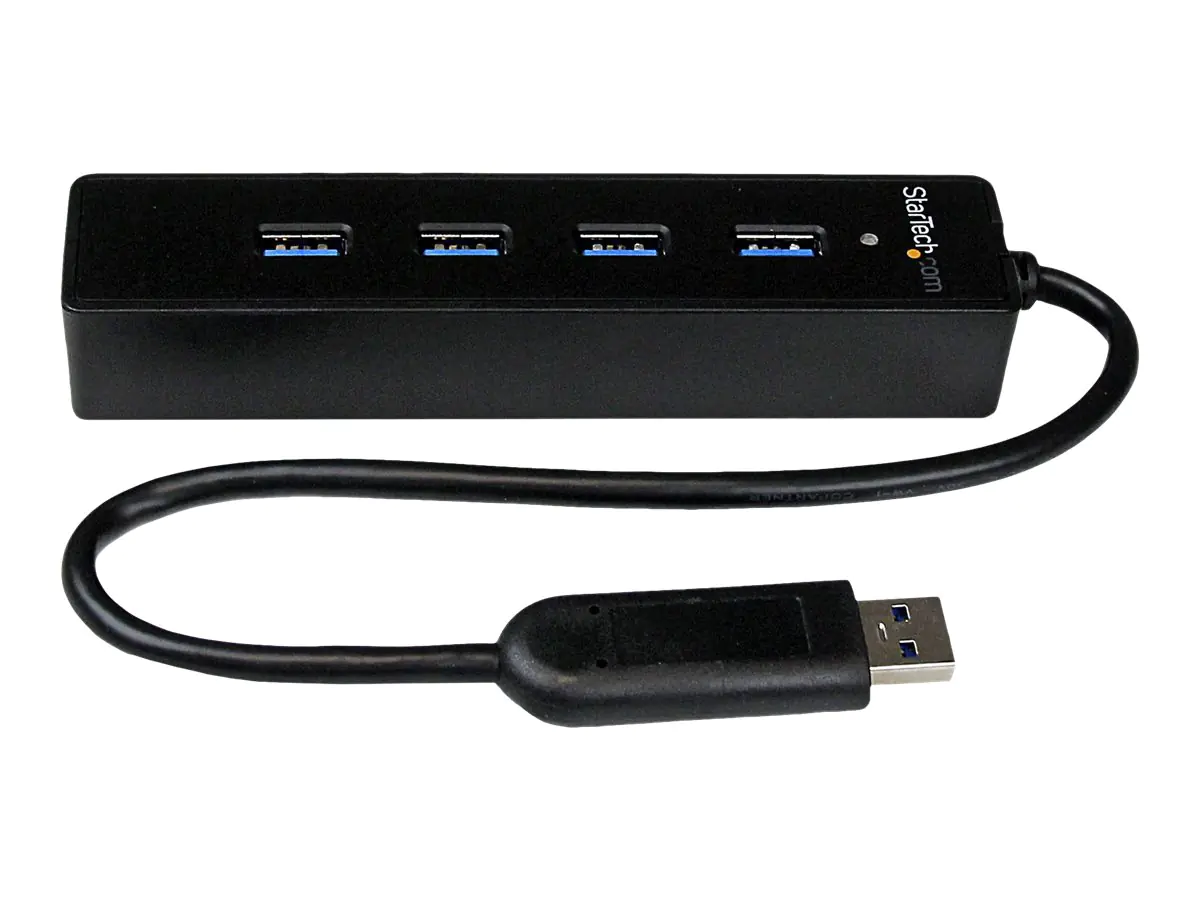 StarTech 4 Port USB 3.0 SuperSpeed Hub - Schwarz - Portabler externer USB Hub mit eingebautem Kabel - Hub - 4 x SuperSpeed USB 3.0 - Desktop - für P/N: FCREADMICRO3, MSDREADU3CA