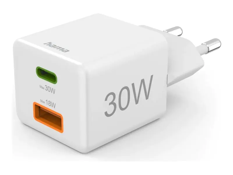 Hama - Netzteil - 30 Watt - 3 A - PD, QC 2.0, QC 3.0 - 2 Ausgabeanschlussstellen (USB Typ A, 24 pin USB-C) - weiß