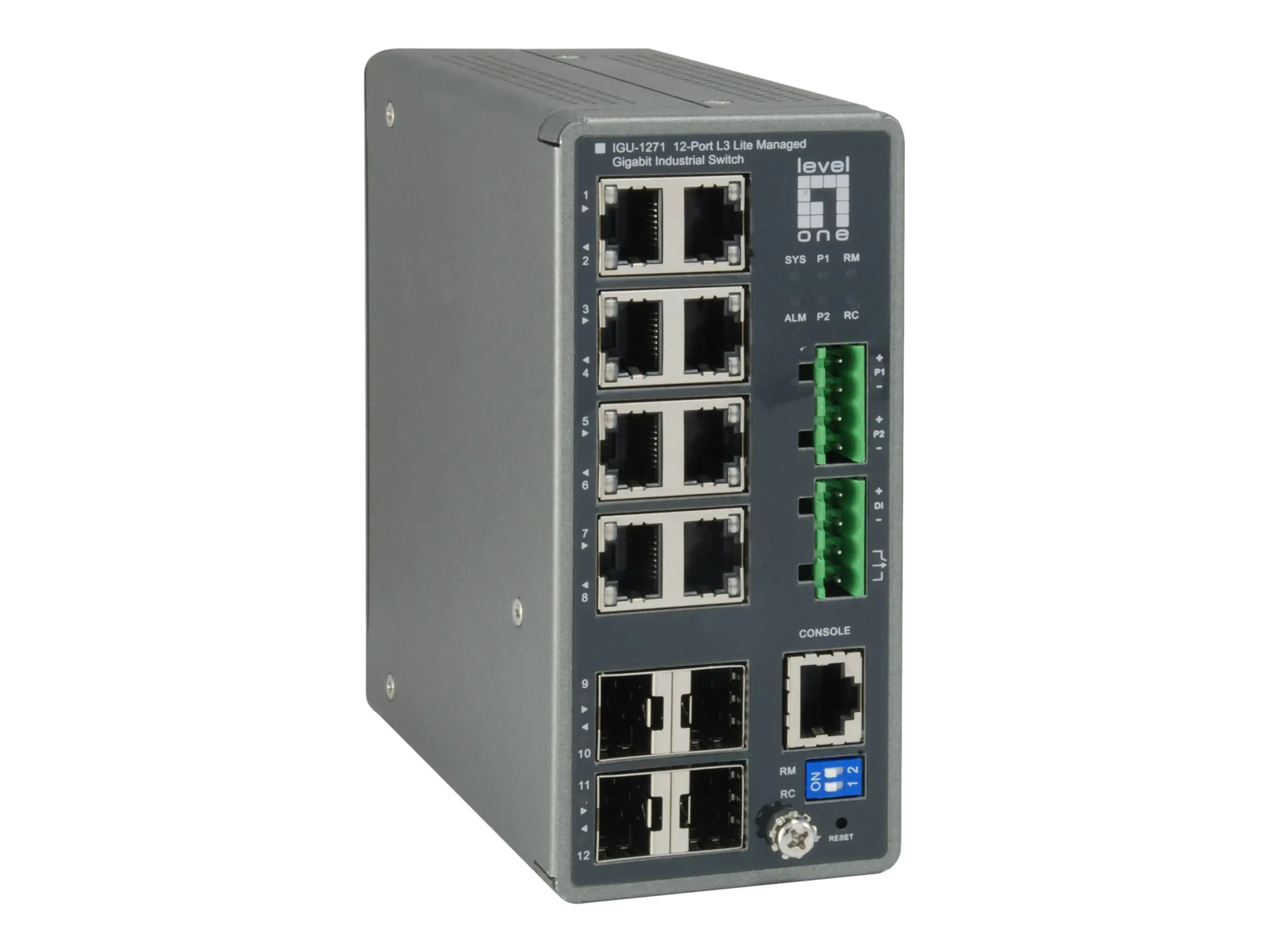 LevelOne IGU-1271 - Switch - L3 Lite - managed - 8 x 10/100/1000 + 4 x Gigabit SFP - an DIN-Schiene montierbar - Gleichstrom