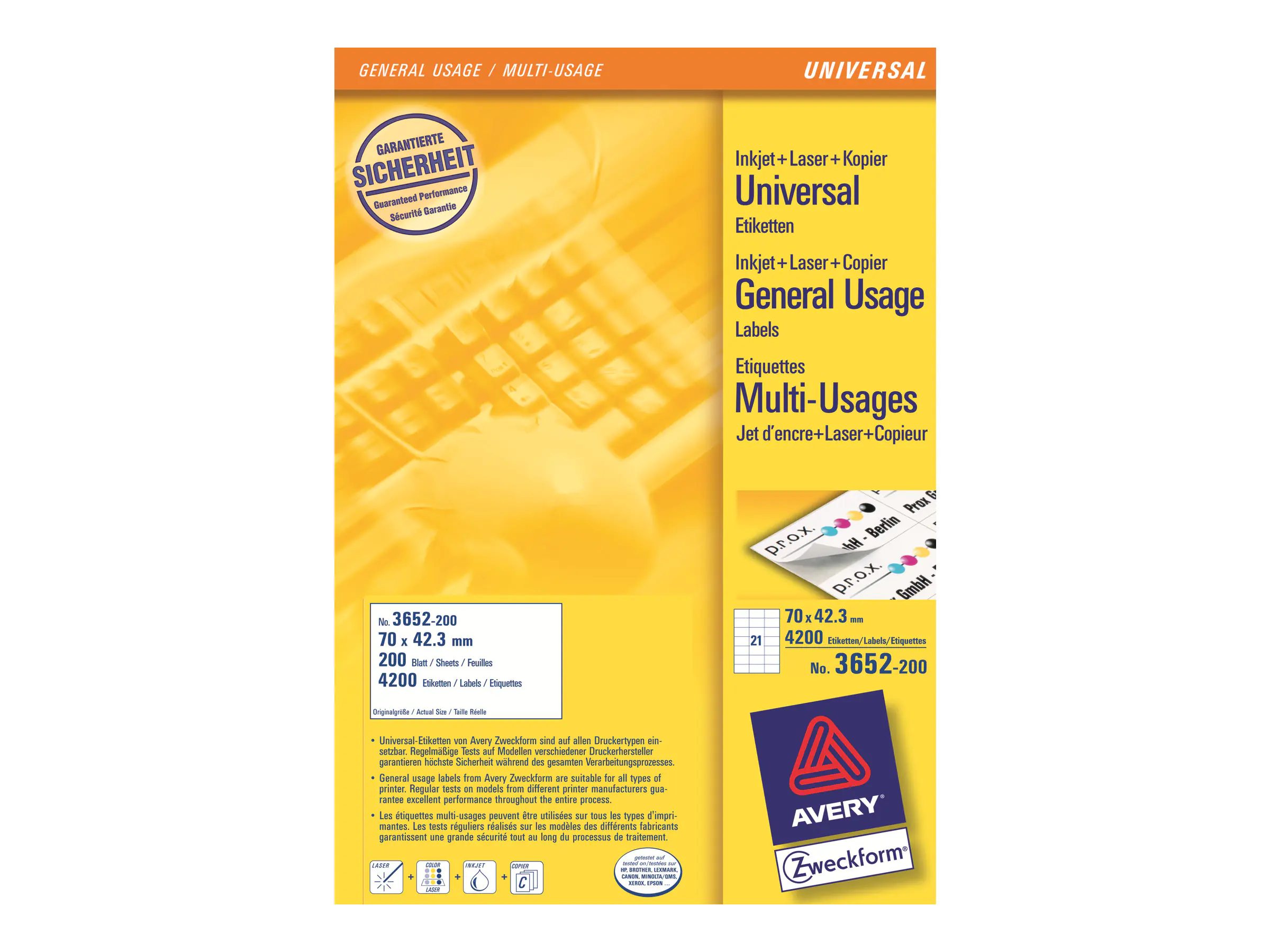 Avery Zweckform 3652 - Weiß - 42.3 x 70 mm 4200 Etikett(en) (21 Bogen x 200 Mehrzwecketiketten 3652-200