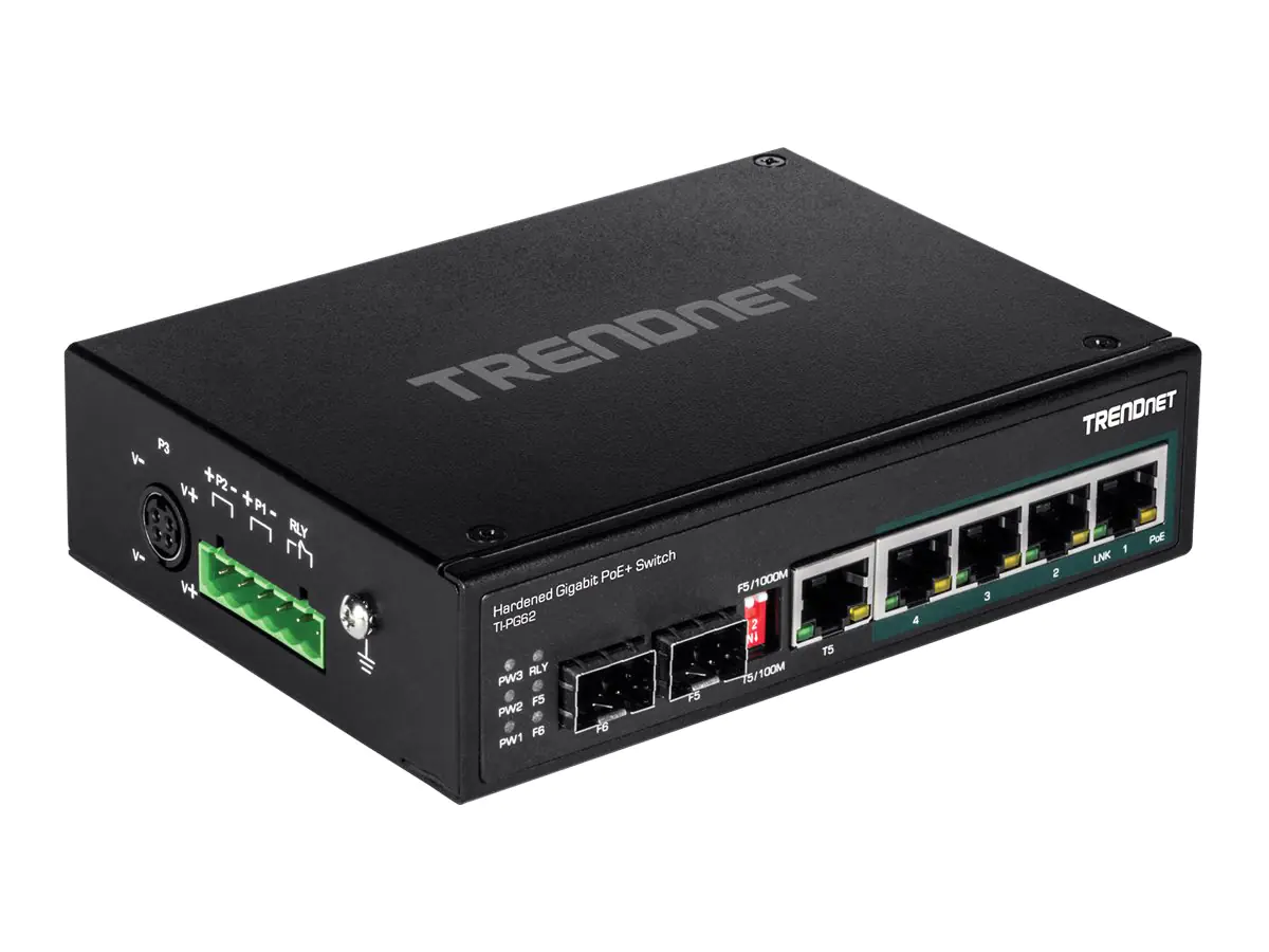 TRENDnet TI-PG62 - Switch - unmanaged - 4 x 10/100/1000 (PoE+) + 1 x Shared Gigabit SFP + 1 x Gigabit SFP + 1 x Shared 10/100/1000 - an DIN-Schiene montierbar, wandmontierbar - PoE+ (120 W)