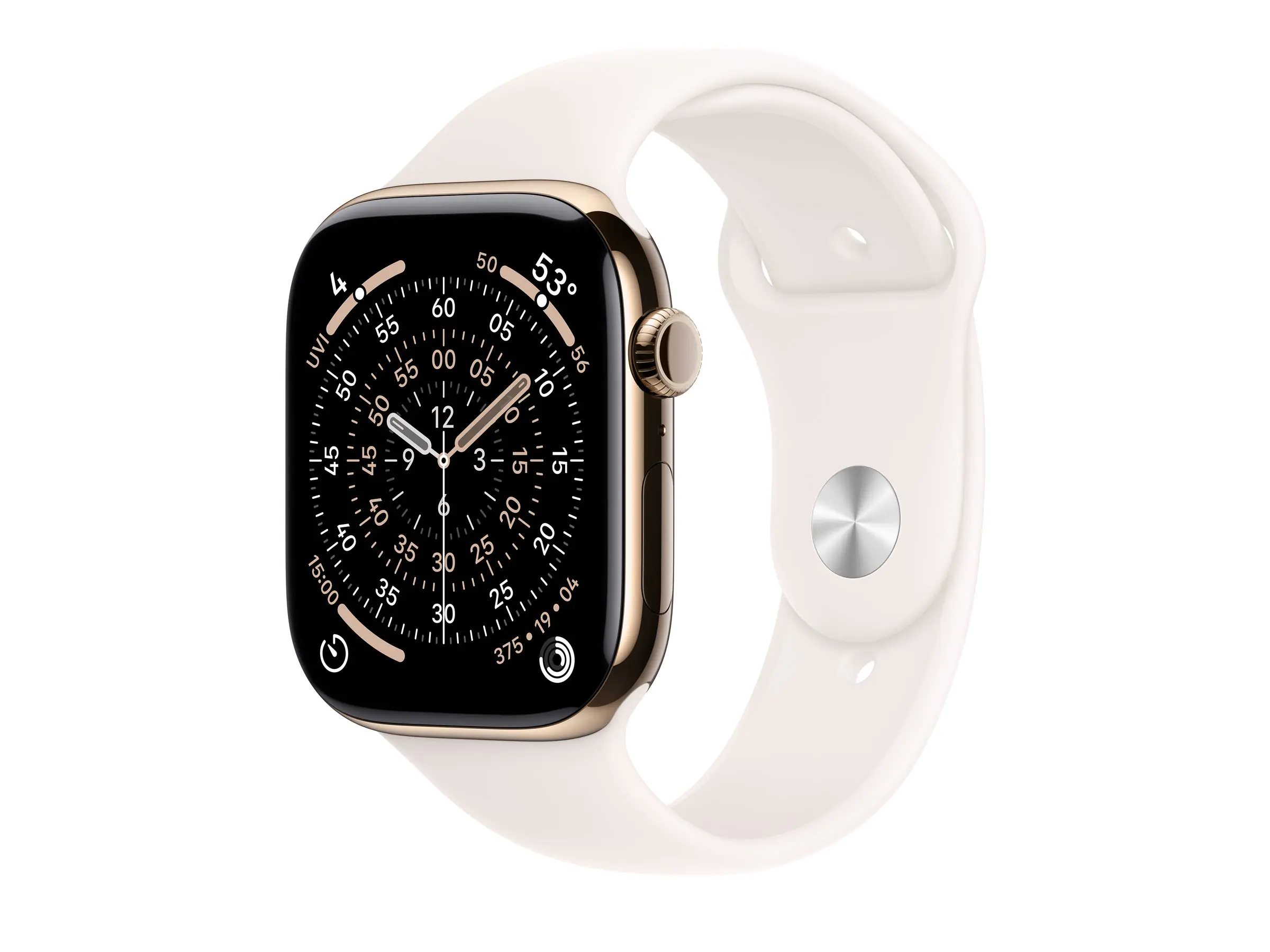 Apple Watch Series 11 (GPS + Cellular) - 46 mm - Gold Titan - intelligente Uhr mit Sportband - Flouroelastomer - hellrosa - Bandgröße: M/L - 64 GB - LTE, Wi-Fi 4, UWB, Bluetooth - 5G - 43.1 g