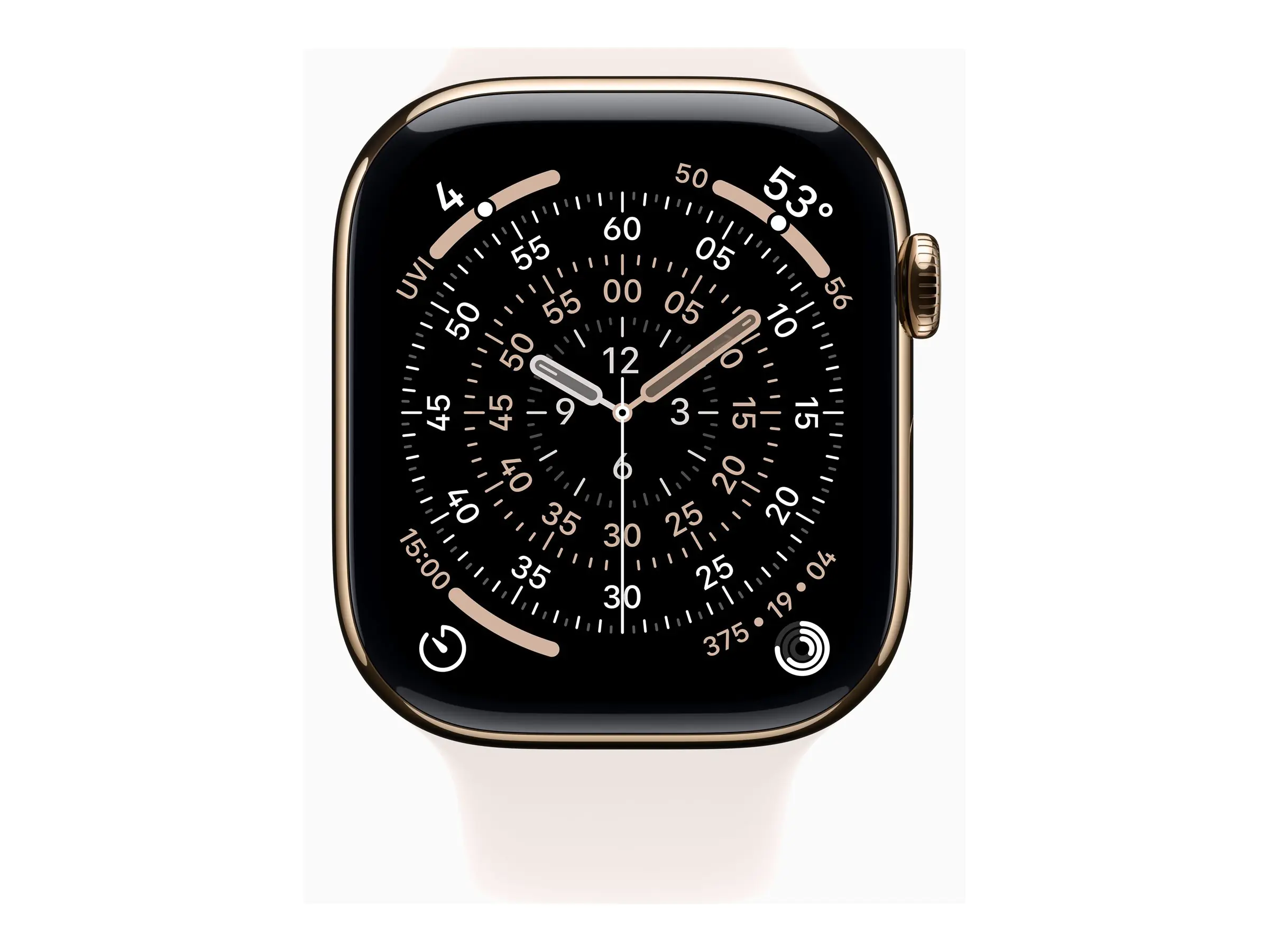 Apple Watch Series 11 (GPS + Cellular) - 46 mm - Gold Titan - intelligente Uhr mit Sportband - Flouroelastomer - hellrosa - Bandgröße: S/M - 64 GB - LTE, Wi-Fi 4, UWB, Bluetooth - 5G - 43.1 g