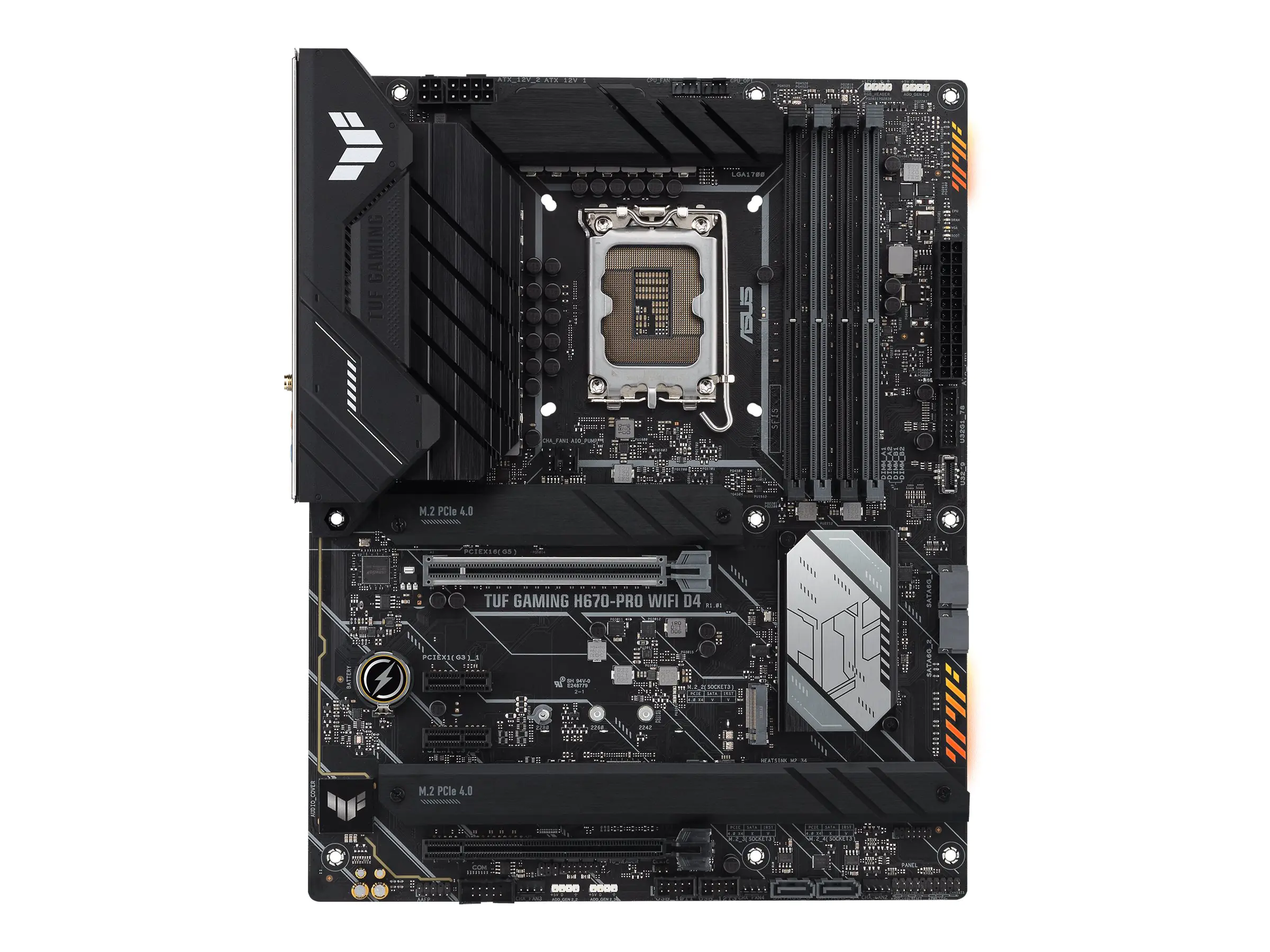 ASUS TUF GAMING H670-PRO WIFI D4 - Motherboard - ATX - LGA1700-Sockel - H670 Chipsatz - USB 3.2 Gen 1, USB 3.2 Gen 2, USB-C Gen 2x2, USB-C 3.2 Gen 1 - 2.5 Gigabit LAN, Wi-Fi 6, Bluetooth - Onboard-Grafik (CPU erforderlich) - HD Audio (8-Kanal)