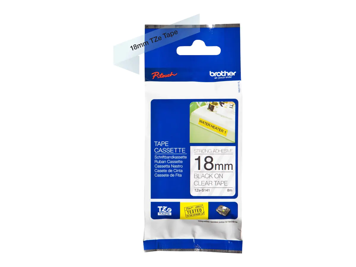Brother TZe-S141 - Extra starker Klebstoff - schwarz auf durchsichtig - Rolle (1,8 cm x 8 m) 1 Kassette(n) laminiertes Band - für Brother PT-D600; P-Touch PT-D410, D450, D460, D610, D800, E550, P900, P950