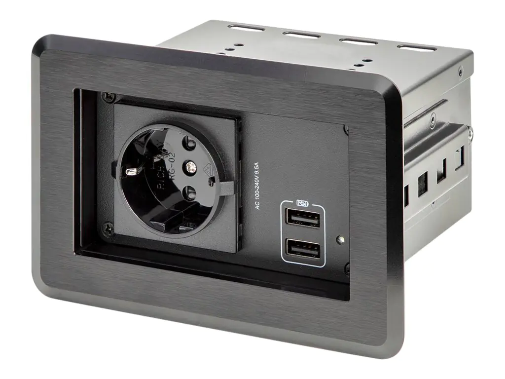 StarTech Tischanschlussfeld mit Einbausteckdose ( mit 2x USB-Anschlüssen, 1x Schuko, versenkbare Steckdose, Tischtank) - Steckdosenleiste - Wechselstrom 100-240 V - Eingabe, Eingang Stromversorgung - Ausgangsanschlüsse: 2 (2 x USB, 2 x Spannung) - Schwarz