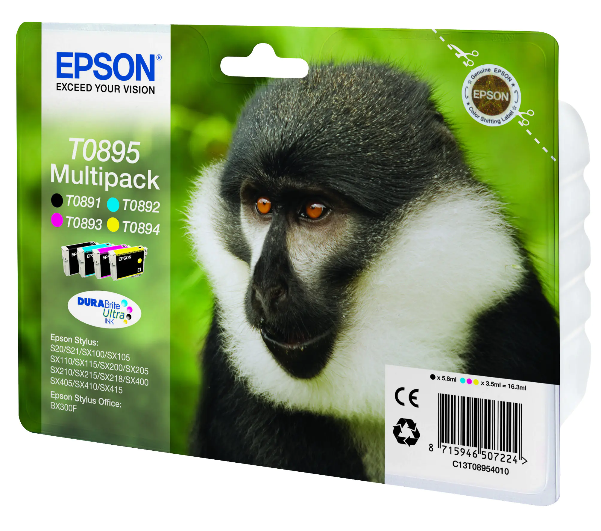 Epson T0895 Multipack - 4er-Pack - Schwarz, Gelb, Cyan, Magenta - Original - Blisterverpackung - Tintenpatrone - für Stylus S21, SX110, SX115, SX210, SX215, SX218, SX400, SX410, SX415; Stylus Office BX300