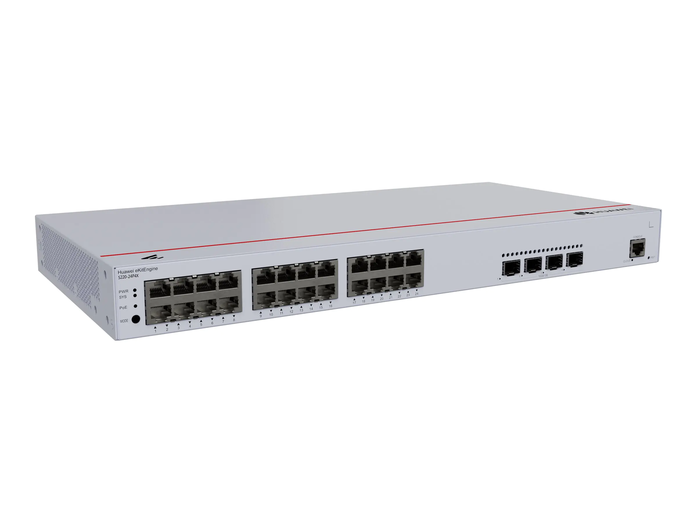 Huawei eKitEngine S220 Series S220-24P4X - Switch - managed - 24 x 10/100/1000 (PoE+) + 4 x 10Gb Ethernet SFP+ - Luftstrom von vorne zur Seite - an Rack montierbar - PoE+ (400 W)