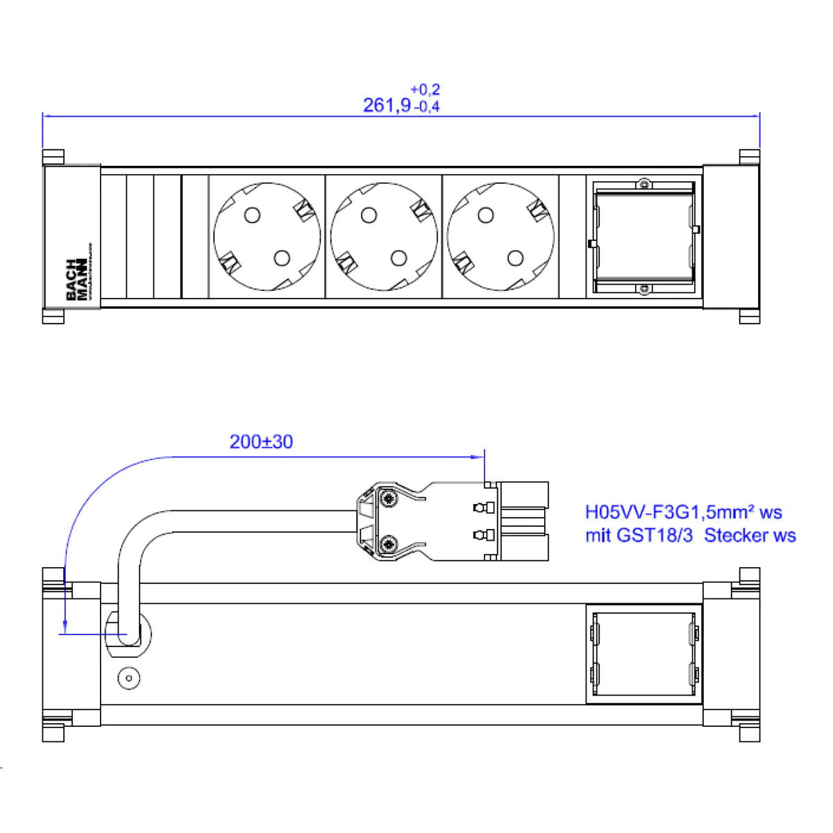 Bachmann POWER FRAME 3xCEE7/3916.7031xCM 0 2m GST18 RAL9010