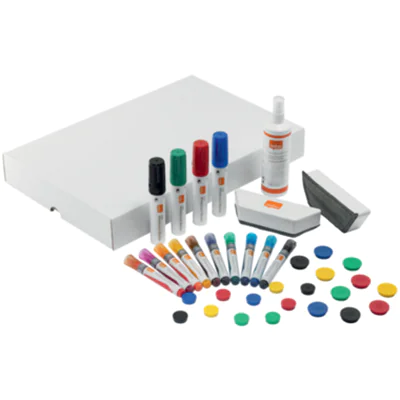 Nobo® Starterset Whiteboard Move & Meet 10 Whiteboardmarker (farbig), 10 Magnete (Ø 32 mm farbig), 10 Magnete (Ø 24 mm farbig), 2 Tafelwischer, 1 Reinigungsspray