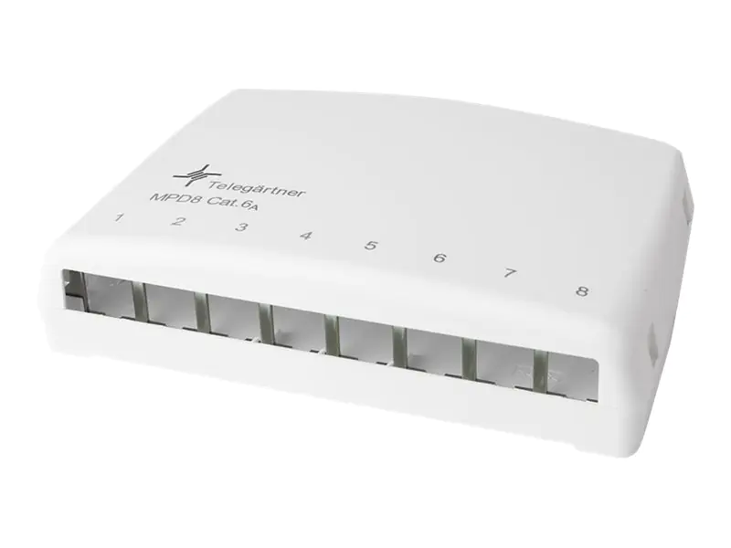 Telegärtner Mini Distributor MPD8 AMJ/UMJ TH35/AP - Oberflächenmontage-Verteilerkasten - CAT 6a - Alpine White - 8 Ports