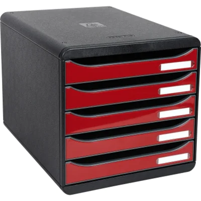 Exacompta Schubladenbox BIG-BOX plus 5 Schubladen DIN A4, Überbreite Polystyrol Gehäusefarbe: schwarz Farbe der Schublade: karminrot glossy