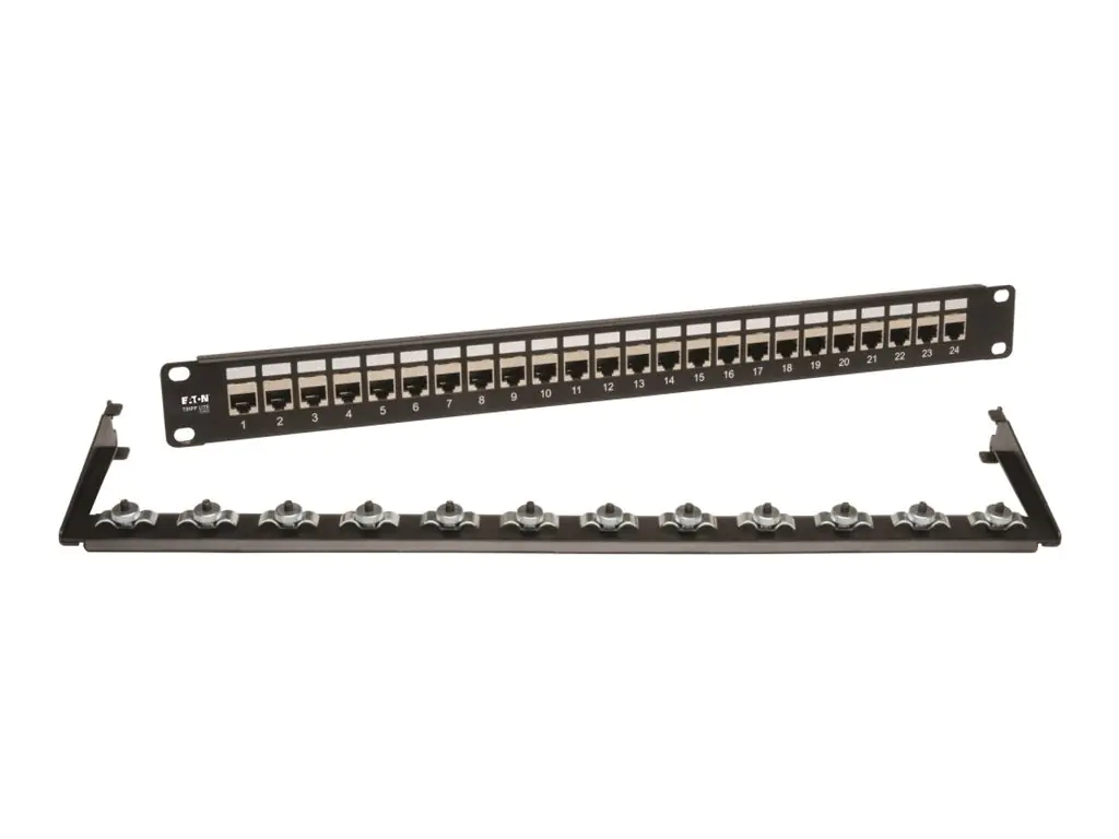 Eaton Tripp Lite Series 24-Port Shielded Cat6 Patch Panel Feed Through Rackmount RJ45 1URM TAA - Patch Panel - CAT 6e - STP - RJ-45 X 24 - Schwarz - 1U - 48.3 cm (19")