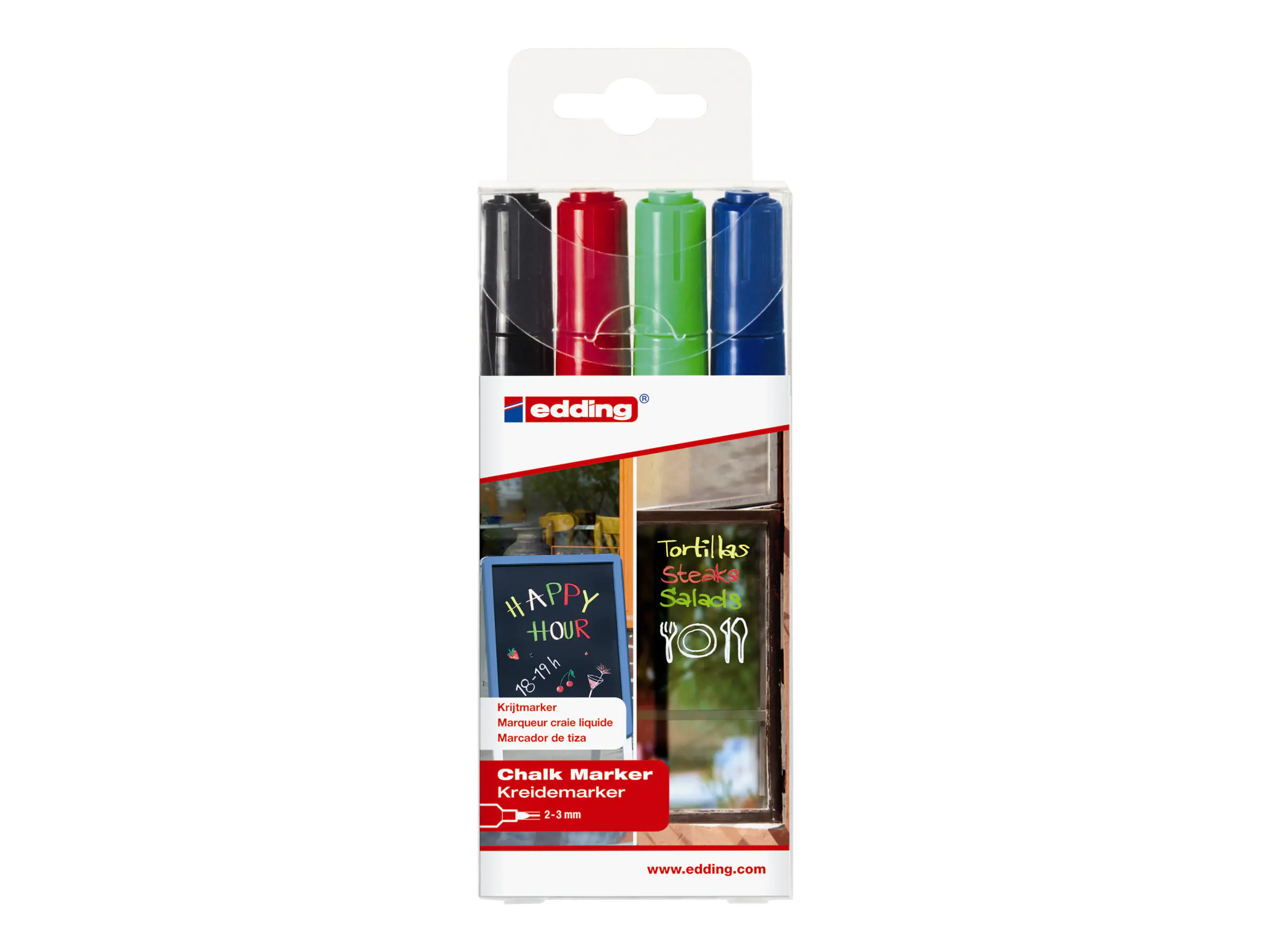 EDDING 4095 chalk - Marker - für Glas, Spiegel, Tafel - Schwarz, Rot, Blau, Neongrün - wasserbasierte Flüssigkreide - 2-3 mm (Packung mit 4) 4-4095-4999