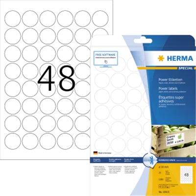 HERMA Etiketten A4 Ø 30 mm rund weiß extrem stark haftend Papier matt 1200 St., Weiß, Kreis, Permanent, Papier, Matte, Laser/Inkjet 10915