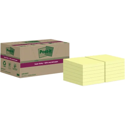 Post-it Haftnotiz Super Sticky Recycling Notes 47,6 x 47,6 mm (B x H) gelb 70 Bl./Block 12 Block/Pack.