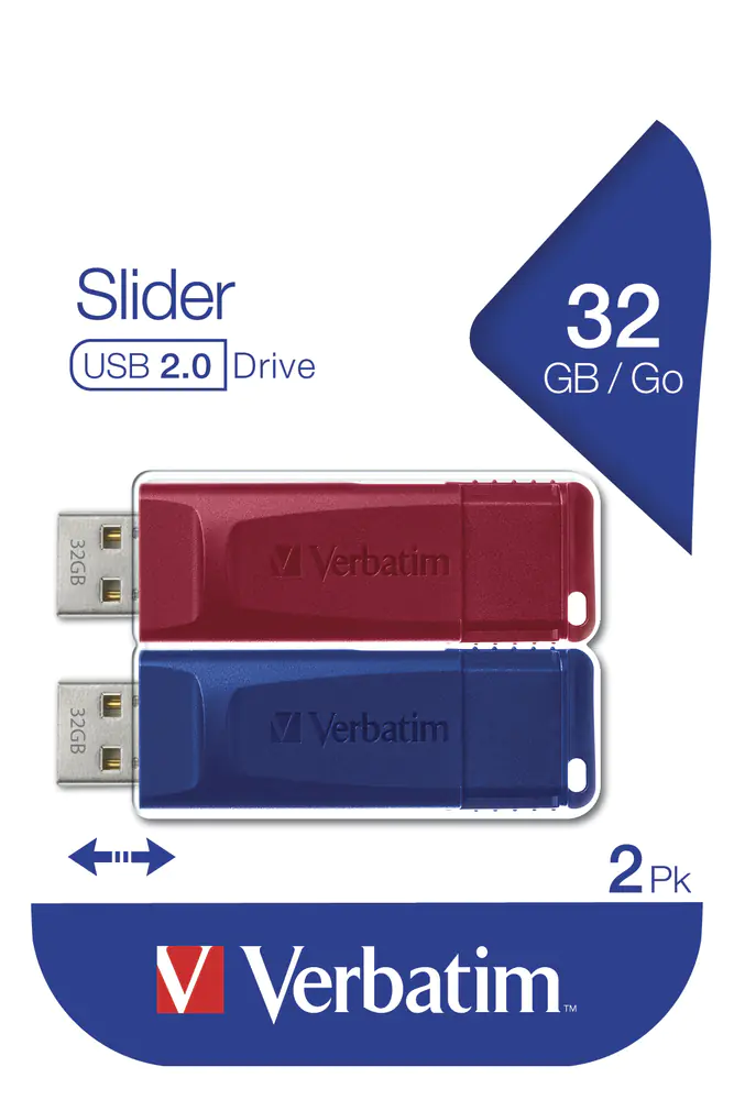 Verbatim Slider - USB-Flash-Laufwerk - 32 GB - USB 2.0 - Blau, Rot (Packung mit 2)