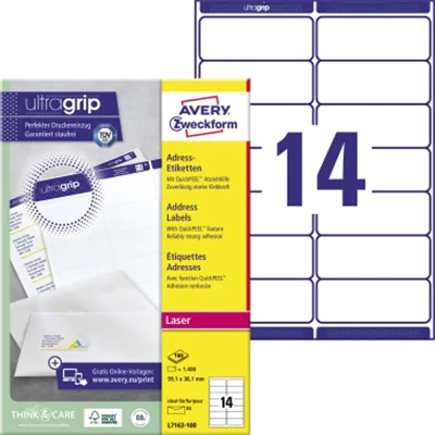 Avery Zweckform Adressetikett ultragrip 99,1 x 38,1 mm (B x H) Papier weiß 1.400 Etik./Pack.