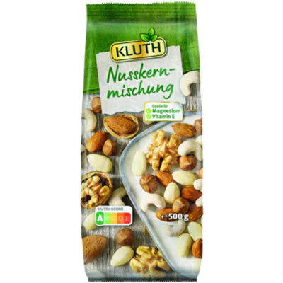 KLUTH Nussmischung Walnusskernen, knackigen Haselnusskernen, milden Cashewkernen, Mandelkernen 500 g/Pack.