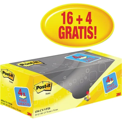 Post-it Haftnotiz Notes 654Y-20 76x76mm 100Blatt gelb 20 St./Pack.
