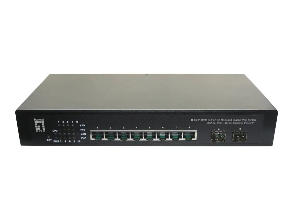 LevelOne GEP-1070 - Switch - managed - 8 x 10/100/1000 (PoE+) + 2 x SFP - Desktop, an Rack montierbar - PoE+ (120 W)