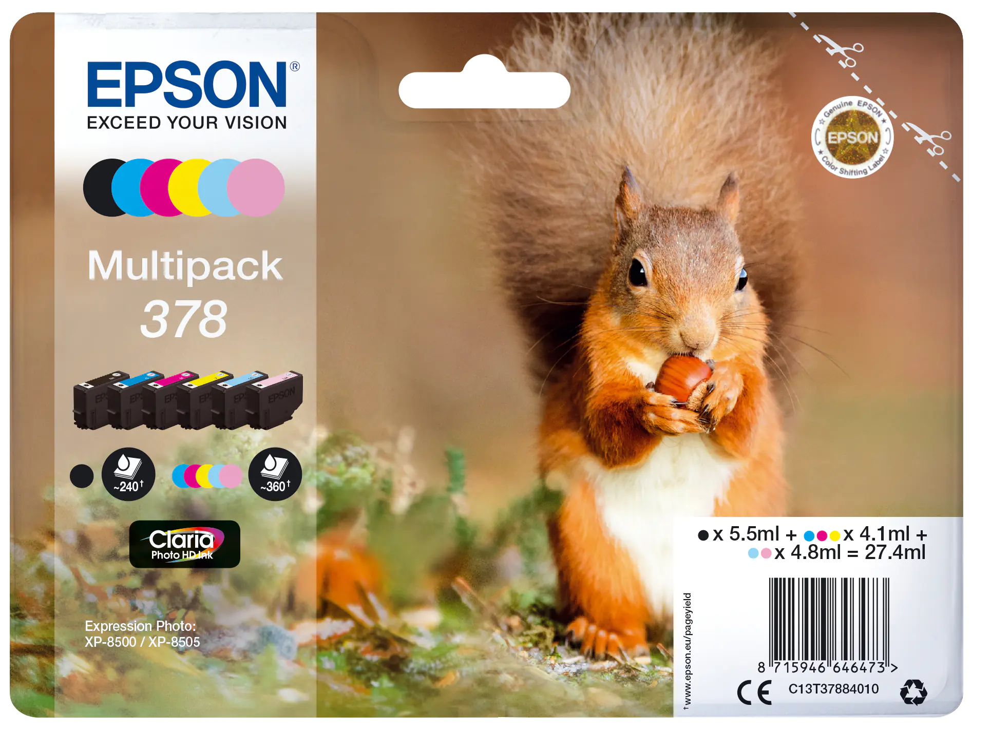 Epson Multipack 378 - 6er-Pack - Schwarz, Gelb, Cyan, Magenta, hellmagentafarben, hell Cyan - Original - Blisterverpackung - Tintenpatrone - für Expression Home XP-8605, XP-8606; Expression Photo XP-8500, XP-8500 Small-in-One, XP-8505