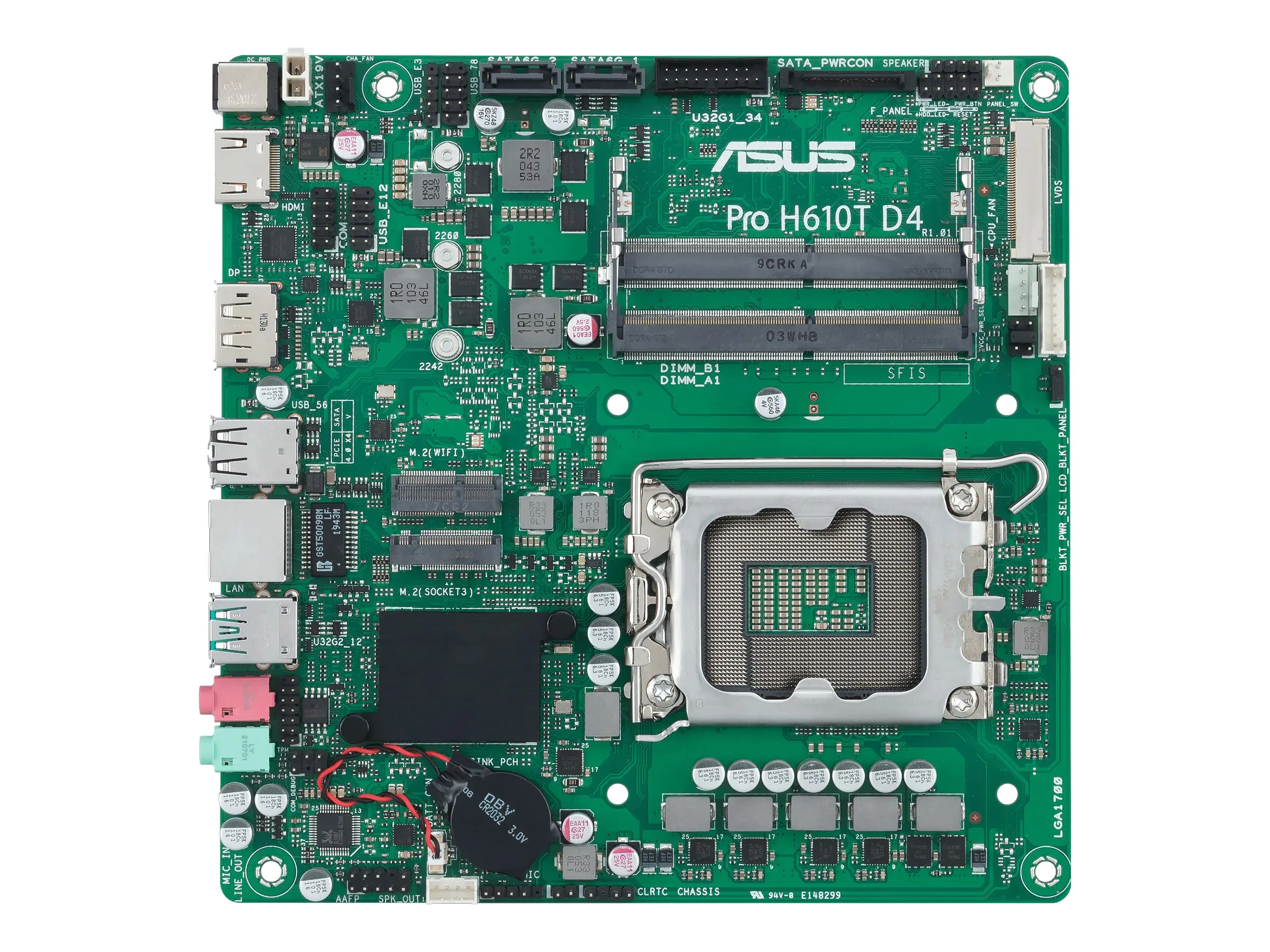 ASUS Pro H610T D4-CSM - Motherboard - Thin mini ITX - LGA1700-Sockel - H610 Chipsatz - USB 3.2 Gen 1, USB 3.2 Gen 2 - Gigabit LAN - Onboard-Grafik (CPU erforderlich) - HD Audio (8-Kanal)