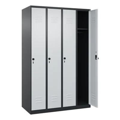 C+P Kleiderspind Classic PLUS 1.200 x 1.850 x 500 mm (B x H x T) 4 Abteile Stahl Farbe der Front: lichtgrau Farbe des Korpus: schwarzgrau