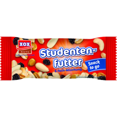 XOX Studentenfutter geröstete Erdnüsse, blanchierte Mandeln, Cashewkerne, Weinbeeren, frittierte Maiskörner 20 x 50 g/Pack.