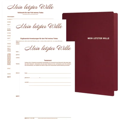 RNK Verlag Vorsorgemappe Mein letzter Wille 2 Personen Umfangreiche Erläuterungen, je 2 x Schreibbogen für handschriftliches Testament, Vollmacht für Todesfall, Anweisungen für Todesfall Feinstkarton weinrot