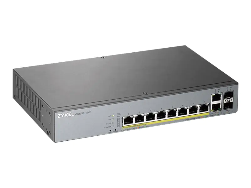 Zyxel GS1350-12HP - Switch - Smart - 8 x 10/100/1000 (PoE+) + 2 x 10/100/1000 (Uplink) + 2 x Gigabit SFP (Uplink) - Desktop, an Rack montierbar - PoE+ (130 W)