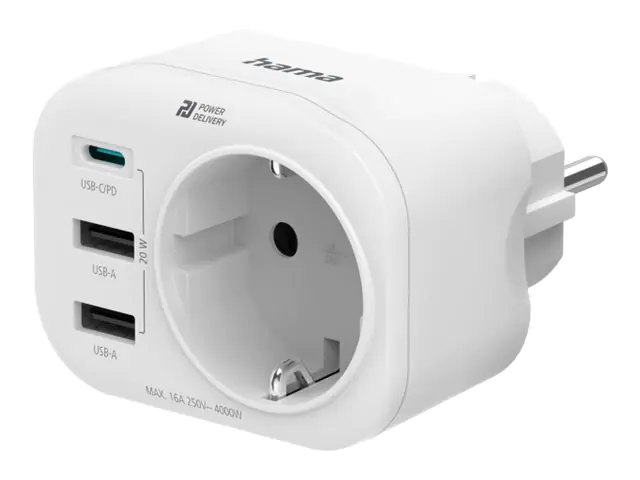 Hama - Netzteil - Multiple-Stecker, 1 USB-C PD, 2 USB-A, Schutzkontakt, 20 W - 250 V - 4000 Watt - Ausgangsanschlüsse: 4 - weiß