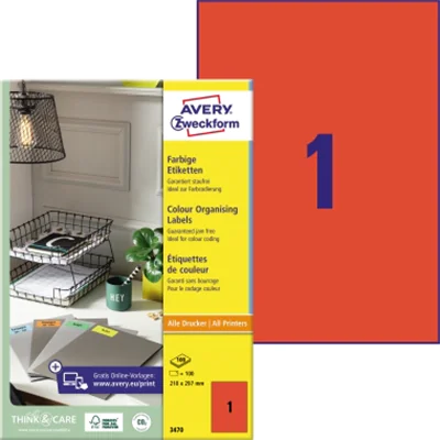 Avery Zweckform Universaletikett 3470 210x297mm rot 100 St./Pack.