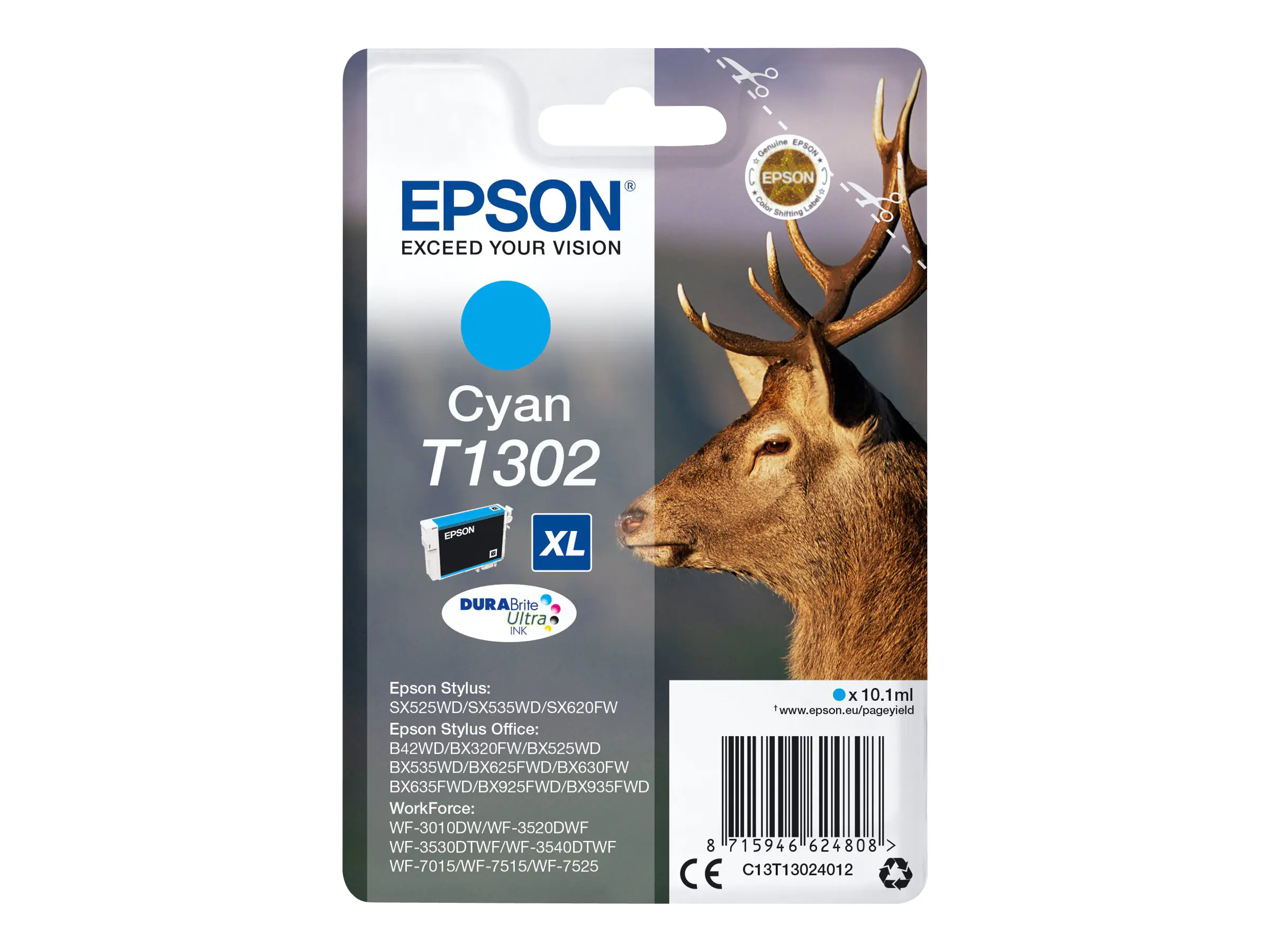 Epson T1302 - 10.1 ml - Cyan - Blister mit RF- / aktustischem Alarmsignal - Tintenpatrone - für Stylus Office BX630, BX635, BX935; WorkForce WF-3010, 3520, 3530, 3540, 7015, 7515, 7525