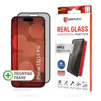 DISPLEX Real Glass - Bildschirmschutz für Handy - Glas - mit Sichtschutzfilter - 2-Wege - Rahmenfarbe schwarz - für Apple iPhone 15, 15 Pro