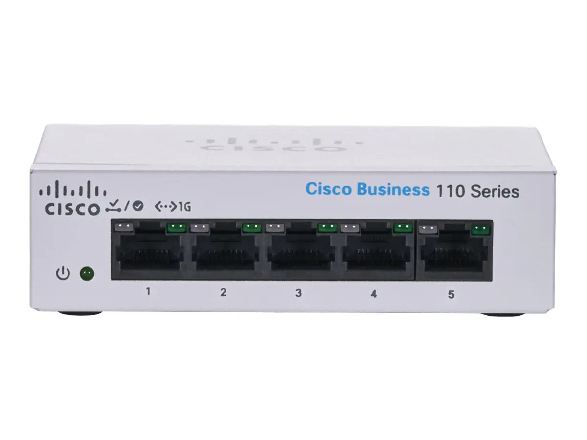 Cisco Business 110 Series 110-5T-D - Switch - unmanaged - 5 x 10/100/1000 - an Rack montierbar, Desktop, wandmontierbar - DC Power