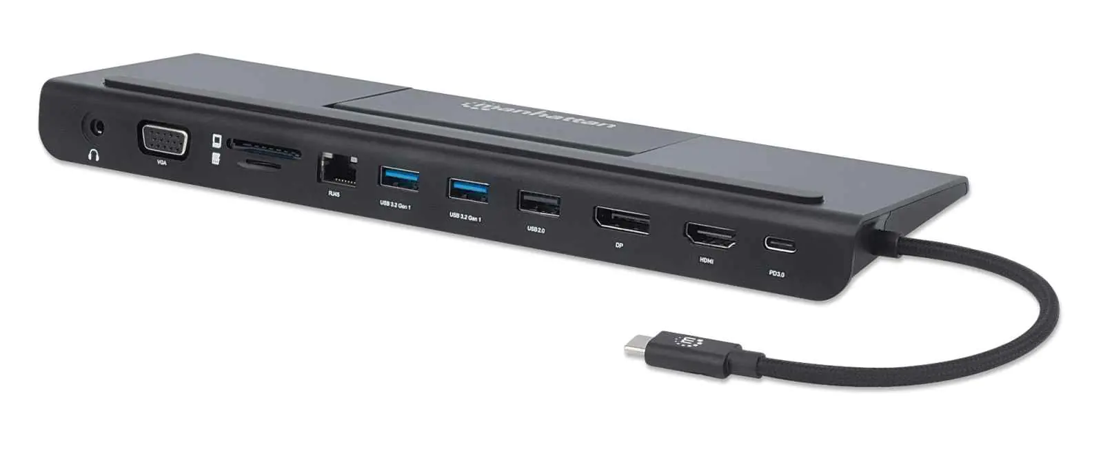 Manhattan USB-C Dock/Hub with Card Reader and MST, Ports (x9): Audio 3.5mm, DisplayPort, Ethernet, HDMI, USB-A (x3), USB-C and VGA, With Power Delivery (100W) to USB-C Port (Note add USB-C wall charger and USB-C cable needed),All Ports can be used at the